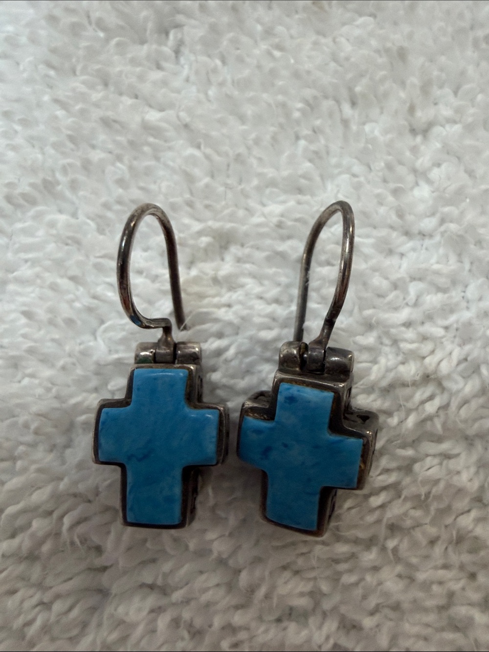 Silver Turquoise Cross Drop Earrings in Blue Turquoise